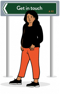 Cartoon woman wearing black top and orange trousers standing in front of a road sign reading Get in touch