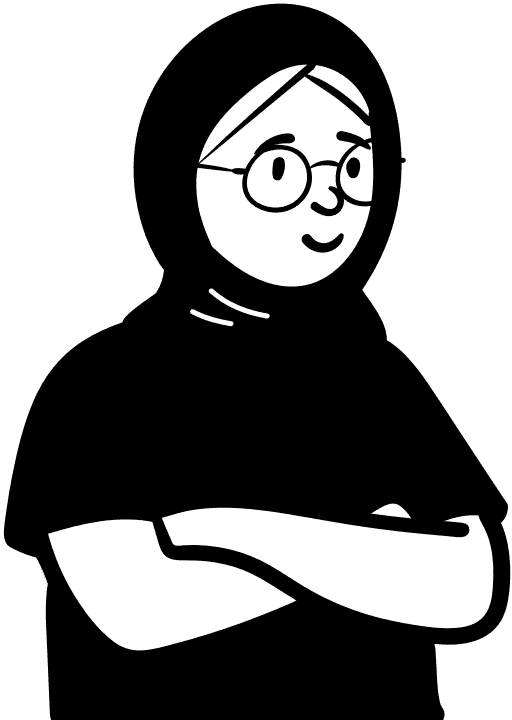 Black and white cartoon of a person wearing a headscarf and glasses with there arms crossed