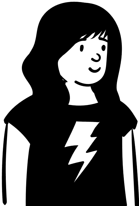 Black and white cartoon of a woman wearing a t-shirt with a lightening bold