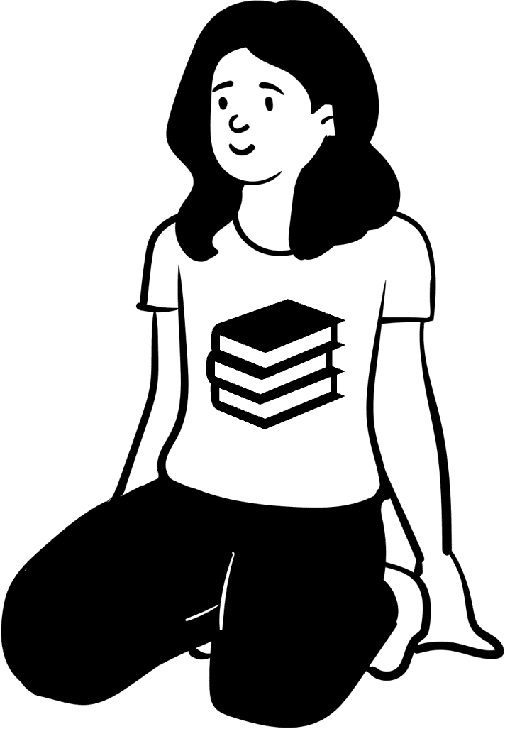 Cartoon girl wearing white t-shirt with stack of books logo