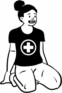 Cartoon peep girl with medical plus logo on black t-shirt