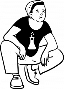 cartoon peep wearing black t-shirt with science beaker logo