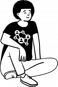 cartoon peep with social web logo on black t-shirt.