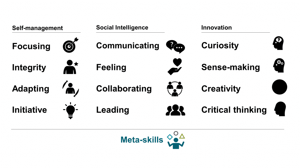 Meta-skills: Self Management- Focusing, Integrity, Adapting, Initiative. Social Intelligence- Communication, Feeling, Collaborating, Leading. Innovation- Curiosity, Sense Making, Creativity, Critical thinking.