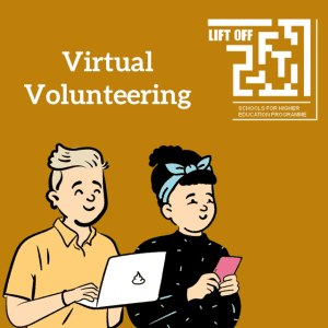 Mustard square image with text that reads "Virtual Volunteering". Two peeps are standing holding a mobile phone and a laptop.