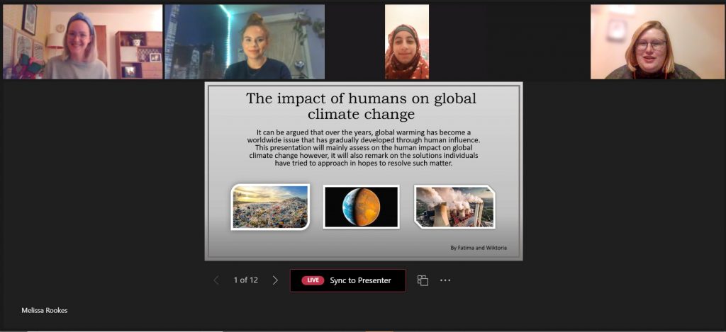 Screen grab of Microsoft Teams meeting, 2 pupils are presenting via webcam and a slide shows The impact of humans on global climate change. 