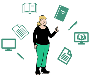 Cartoon of Emma surrounded by paper, books, computer and pens